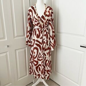 NWT H&M Tribal Print Wraparound Ankle Length Long Dress-Brown Cream-XS